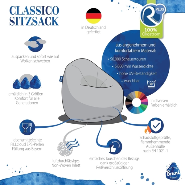 Bruni Kinder-Sitzsack Classico S in Orange – Sitzsack mit Innensack für Kinder, Abnehmbarer Bezug, lebensmittelechte EPS-Perlen als Bean-Bag-Füllung, aus Deutschland Bild 4