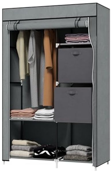 HOMCOM Stoffschrank, Faltschrank mit Schubladen, Kleiderschrank mit Kleiderstange, Reißverschluss, Garderobe für Schlafzimmer, Vliesstoff, Dunkelgrau, 102 x 42,5 x 162,5 cm