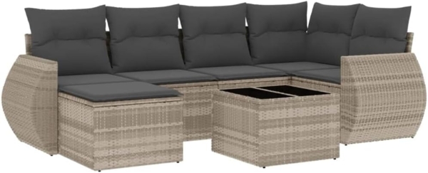 vidaXL 7-tlg. Garten-Sofagarnitur mit Kissen Hellgrau Poly Rattan 3254009