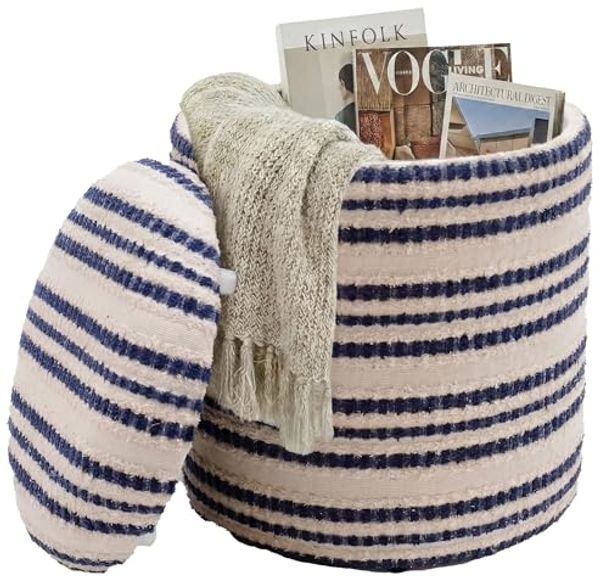 Sitzhocker mit Stauraum aus Baumwolle 40cm Beige Stoff Rund - Design Boho Stoffhocker mit abnehmbarem Deckel - Polsterhocker Schminktisch Hocker - Beistellhocker für Wohnzimmer Handmade