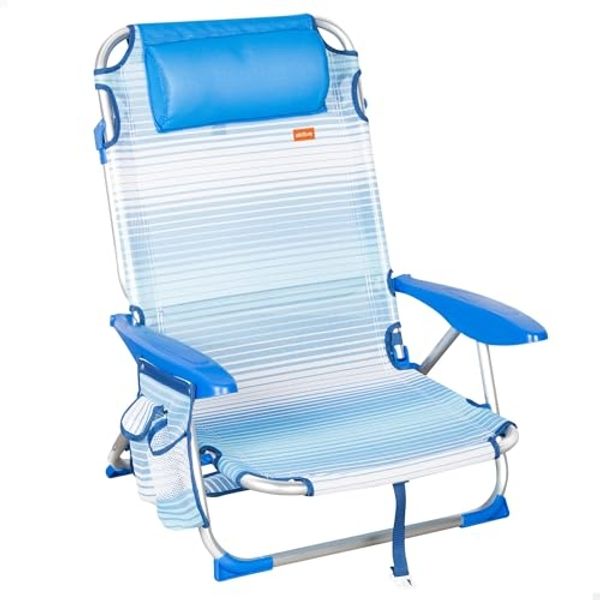 AKTIVE Strandstuhl, zusammenklappbar, 4 Positionen, Blaue Streifen, 51 x 45 x 76 cm, inkl. gepolstertem Kissen, Seitentasche, Griffe, Tragkraft 110 kg, Kippschutz, mehrere Positionen, verstellbare