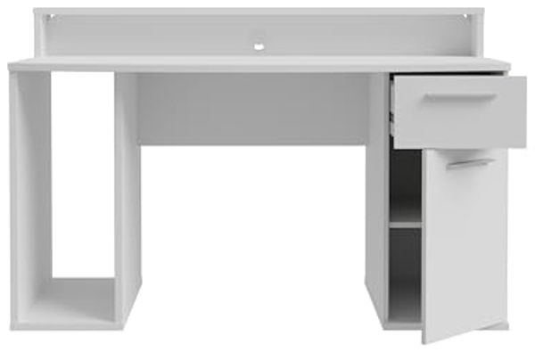 FORTE AYO Schreibtisch 140, Weißer Schreibtisch mit 1 Tür und 1 Schublade, Modernes Home Office, Büro, Jugendzimmer, Holzwerkstoff, Weiß, 140 cm breit x 91 cm hoch x 65 cm tief Bild 7