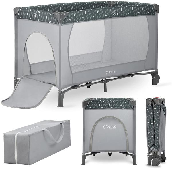 MoMi BELOVE Reisebett für Kinder bis 15 kg Körpergewicht, B65 x L125 x H78 cm (faltbar 21 x 23 x 80 cm), Kinderreisebett mit Matratze, 2 Rädern, Transporttasche