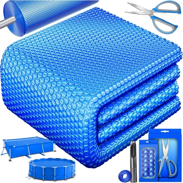 KESSER® Pool Solarabdeckplane | Solarfolie Stärke 120µm | Solarabdeckung Solarplane zuschneidbar | Poolsolarplane Solar Folie inkl. 1x Schere, 1x Lochzange & 12x Ösen | Poolheizung für Wassererwärmung Blau, Ø 244 cm