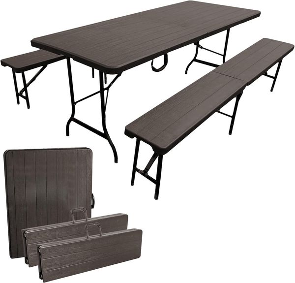 Bierzeltgarnitur Set mit 2x Bierbank und 1x Buffettisch, braun, klappbar