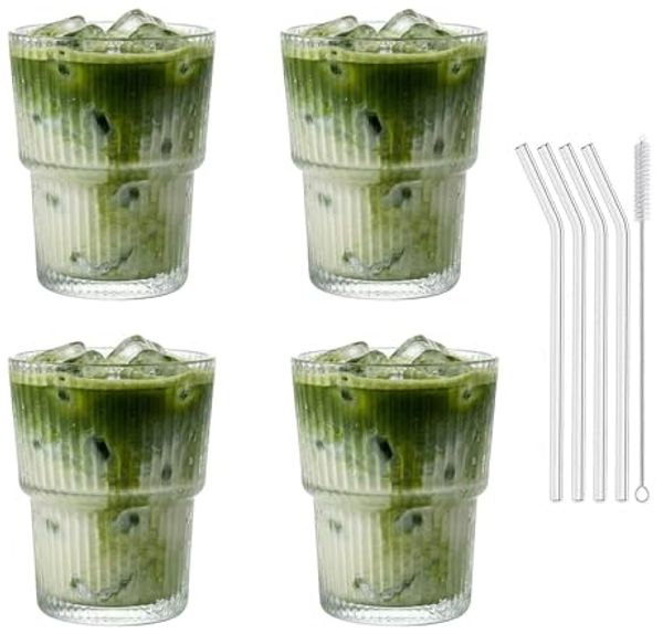 mixed24 Gläser-Set 4er Set Geriffelte Gläser 350ml inkl. Glashalm, ideal für Iced Matcha Latte, Latte Macchiato, Cocktails, Smoothies