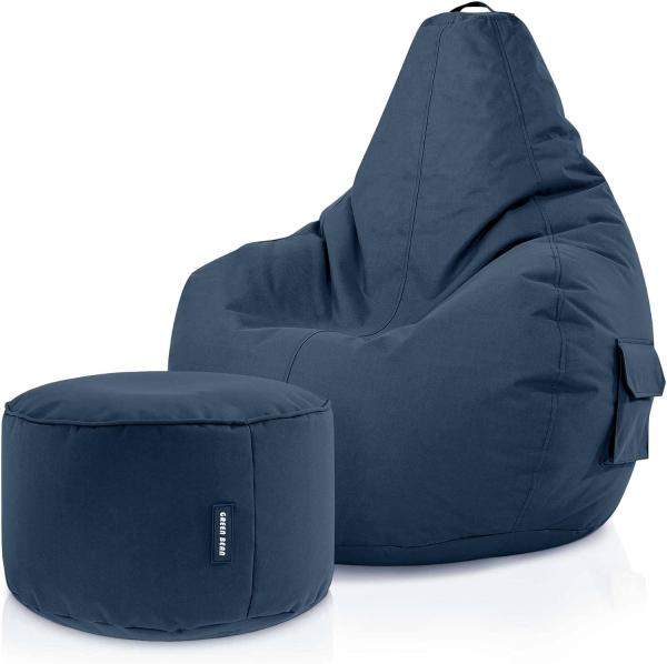 Green Bean© Sitzsack mit Rückenlehne + Hocker "Cozy+Stay" 80 x 70 x 90 cm - Gaming Chair mit 230L Füllung - Bean Bag Lounge Chair Sitzhocker Dunkelblau