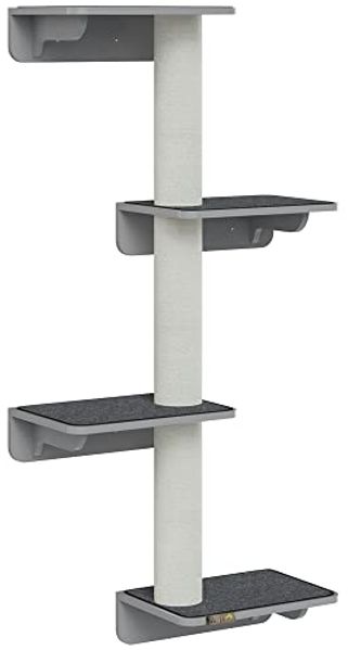 PawHut Kratzbaum Wandkratzbaum Katzenmöbel Wandmontage Holz, Hellgrau+Beige, 66B x 28T x 137H cm