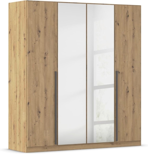 rauch Kleiderschrank Alba, Drehtürenschrank, Garderobenschrank, 4-türig, mit Spiegel, mit 3 Kleiderstangen, 4 Einlegeböden und Schubladeneinsatz, Farbe Eiche Artisan, Holz, Griffstange Grau metallic, Schwarz, 181x197x54cm