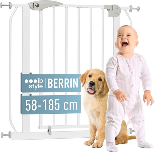 ib style® Berrin ! PREISSIEGER ! Treppengitter 58-175cm | Türschutzgitter | Ohne Bohren | 90° Stop | Auto-Close | Weiß-grau| 135-145 cm