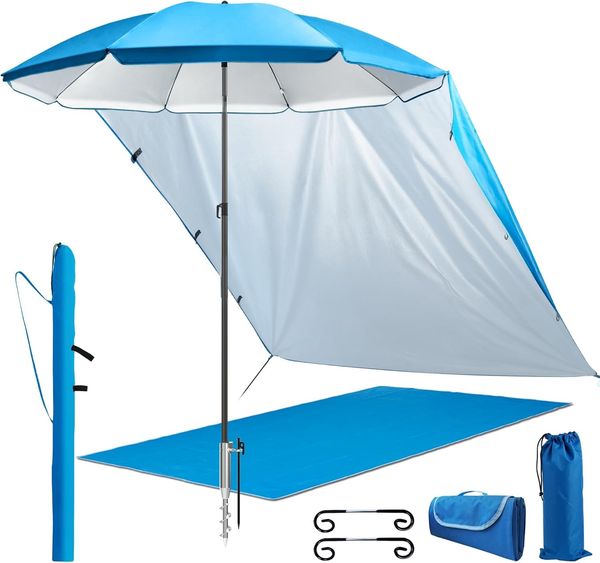 4smile Sonnenschirm 5er-Set Blau, vielseitiger Sonnenschirm Strand, Ø 180 cm, windfester Strandschirm, Rasendorn für Sonnenschirm, Sonnensegel Strand, Faltbare Stranddecke, Sonnenschirm Schutzhülle
