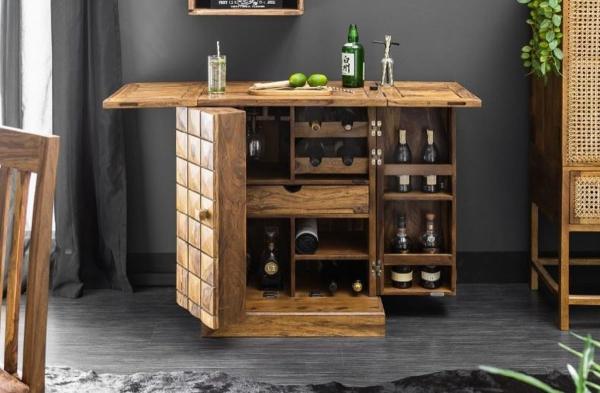 Casa Padrino Designer Barschrank Naturfarben / Braun 65-130 x 50 x H. 90 cm - Moderner Massivholz Weinschrank mit 2 Türen und Schublade - Barmöbel