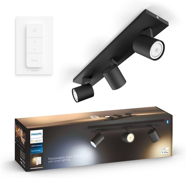 Philips Hue White Ambiance Runner 3er Spot, schwarz, GU10 inkl. Dimmschalter, dimmbar, alle Weißschattierungen, steuerbar via App, kompatibel mit Amazon Alexa (Echo, Echo Dot)