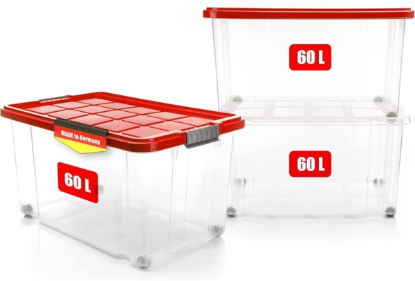 BigDean 3 Stück 60 L Aufbewahrungsbox mit Deckel groß rot - stapelbare robuste Box - rollbare Stapelbox mit festen Klickverschlüssen - Made in Germany