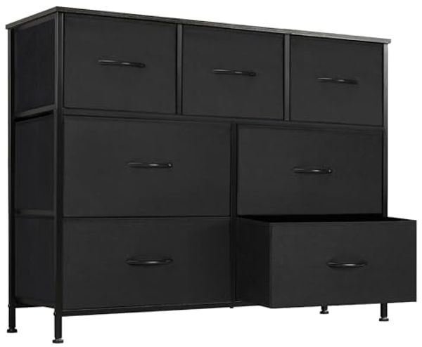 DUMOS Kommode für Schlafzimmer mit 7 Stoffschubladen, hohe Kommode Organizer für Kleidung, Schrank Kinderzimmer, Aufbewahrungsturm mit Schrank, Metallrahmen, Holzplatte, leichte Kinderzimmermöbel
