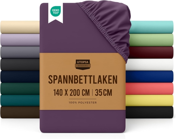 Utopia Bedding - Spannbettlaken 140x200 cm - Lila - Gebürstete Polyester-Mikrofaser Spannbetttuch - 35 cm Tiefe Tasche Bild 1
