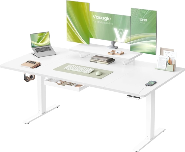 VASAGLE Höhenverstellbarer Schreibtisch, 160x80 cm, flexibel montierbarer Monitorständer, Schublade, USB-C-Anschluss, Erinnerung bei langem Sitzen, für Büro, wolkenweiß LSD156WB01
