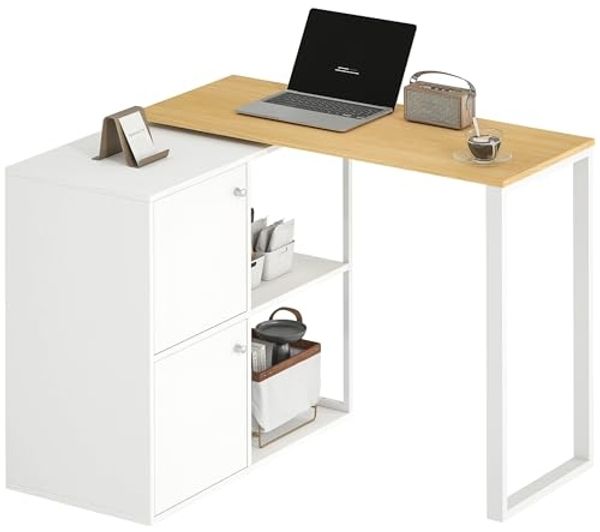 HOMCOM Schreibtisch mit 2 Lagerschränken, 2 offenen Regalen (360° drehbarer Eckschreibtisch, 1-St, L-förmig Computertisch), für kleine Räume, Arbeitszimmer, Wohnzimmer, 150x40x75 cm, Weiß