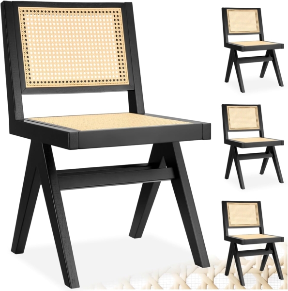 tectake Esszimmerstuhl Holzstuhl Lissy mit Wiener Geflecht im Boho-Stil (Set, 4 St), Große Rückenlehne und Sitzfläche ohne Armlehnen