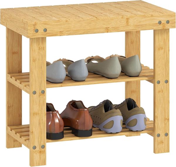 HOMCOM Schuhbank mit 2 Ablagen und Sitzfläche (Schuhregal aus Bambus, 1-St, Sitzbank), für Flur, Eingangsbereich, 50 x 28 x 45 cm, Natur