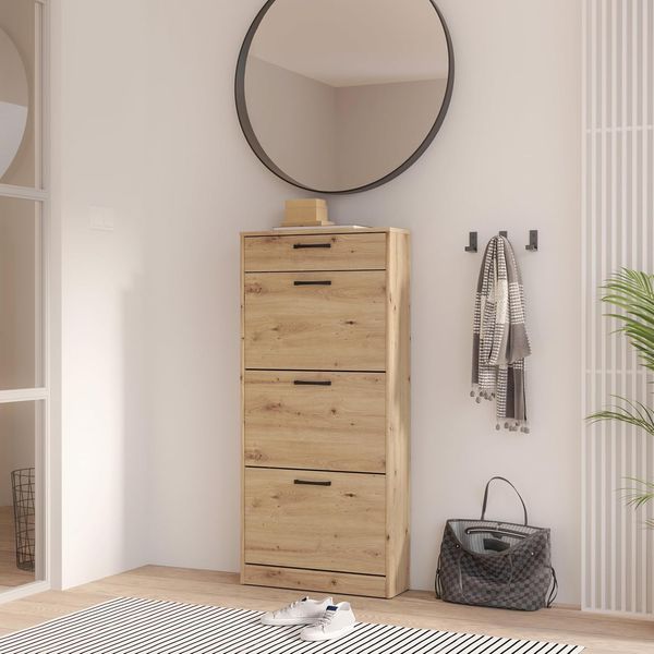 Forte NIKO Schuhschrank 60, Skandi-Schrank, 3 Kippfächer, 1 Schublade, Holzwerkstoff, Flur, Abstellraum, Artisan Eiche Holzdekor, 58,2 cm breit x 127,7 cm hoch x 20,4 cm tief