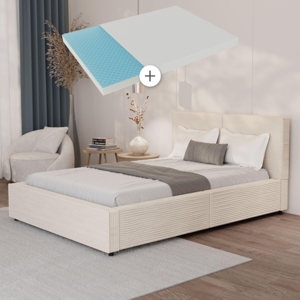 Juskys Polsterbett Salerno mit Matratze 140 x 200 cm – Cord Beige, modernes Bett mit Kopf- & Fußteil, stabilem Holz- & Metallrahmen, Lattenrost, 500 kg Tragkraft