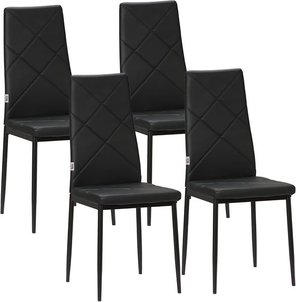 HOMCOM Esszimmerstühle 4er Set Küchenstuhl mit Rückenlehne, Kunstleder, Polsterstuhl mit Fußpolster, Wohnzimmerstuhl, Stühle mit Stahlbeine für Esstisch, Schwarz