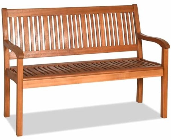 Balkonbank Holz, Holzbank wetterfest, Sitzbank für 2-3 Sitzer, Gartenbank aus Eukalyptus bis 320 kg belastbar, Parkbank für Terrasse, Balkon, Garten, 126 x 63 x 91 cm, Natur