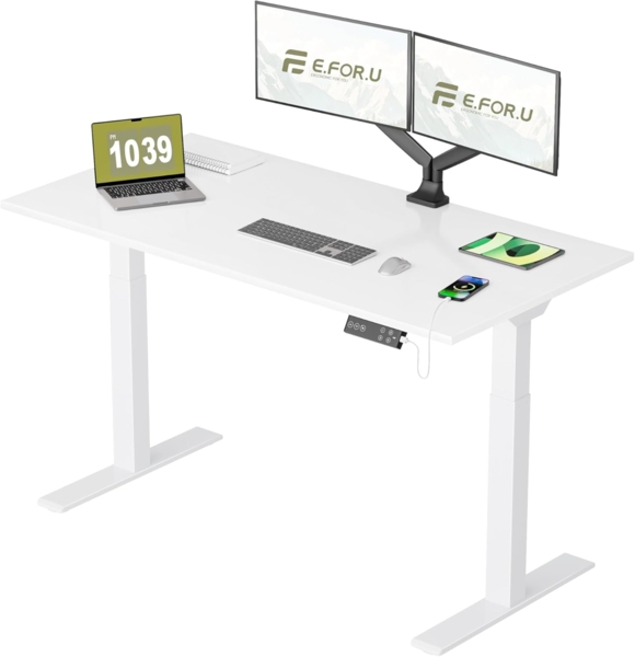 E.For.U® höhenverstellbarer Schreibtisch 160x80 cm, 2 Motoren, elektrisch höhenverstellbares Tischgestell mit 2-Fach-Teleskop, Memory-Steuerung (Weiß), DT20L mit Tischplatte (Weiß)