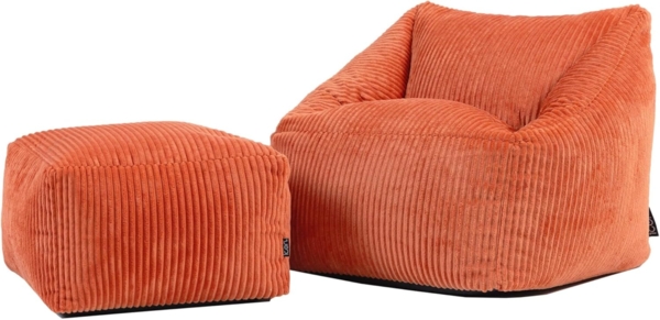 Icon Natalia Sitzsack Kinder mit Hocker, Orange, Flauschiger Cord Stoff, Sitzsack Cord mit Füllung, Bequemer Kinder Sessel, Kuschelsessel, Lese Sessel, Schlafzimmer, Kinderzimmer, Spielzimmer