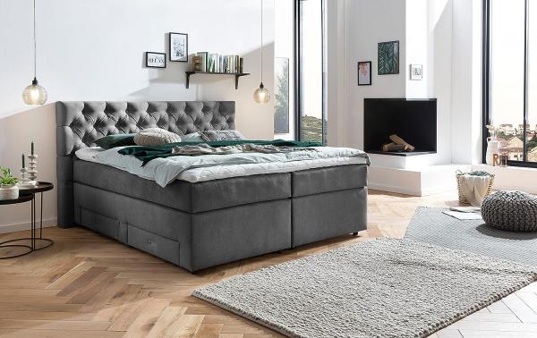 Belanoti ® Lara Boxspringbett 180x200 mit 4 Schubladen Stauraum Bett 180x200 mit Bettkasten in der Farbe Dunkelgrau H2/H3 Chesterfield Kopfteil 7-Zonen Taschenfederkern Matratze inkl. Visco Topper