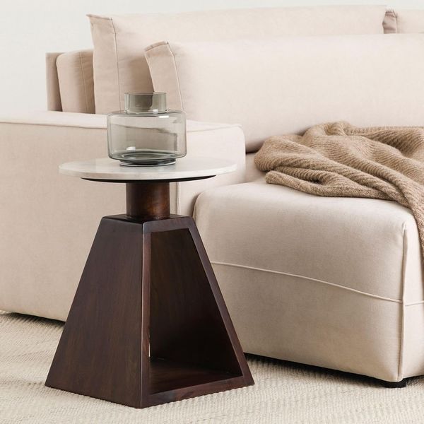IDIMEX Beistelltisch MYSORE, Wohnzimmertisch rund 40 cm aus Mangoholz mit Marmorplatte Weiß/Braun