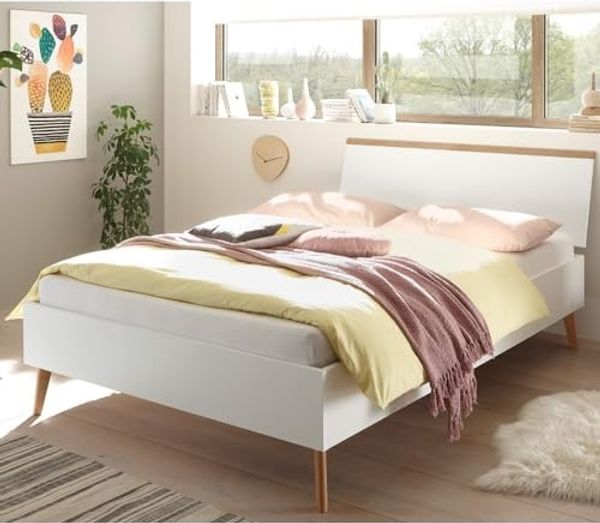 Doppelbett MAINZ-61 im skandinavian Design, weiß matt mit Eiche Riviera Nb, 140x200 cm