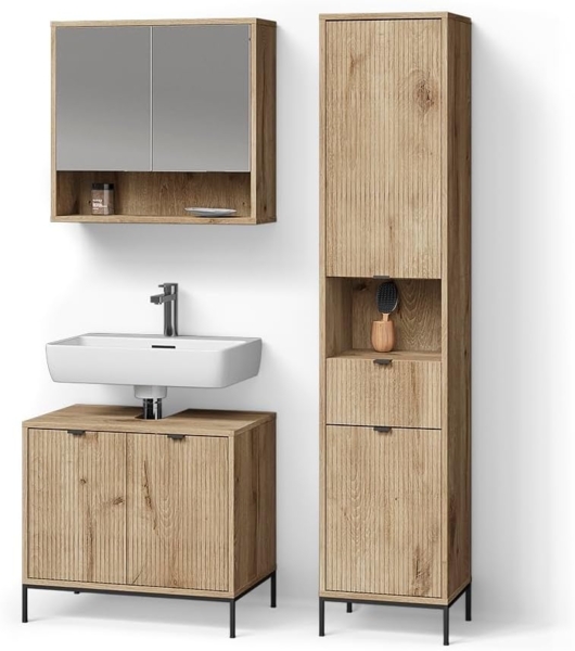 Livinity® Badmöbel-Set ATERNO, Viking Oak, 3 Teile, mit Hochschrank
