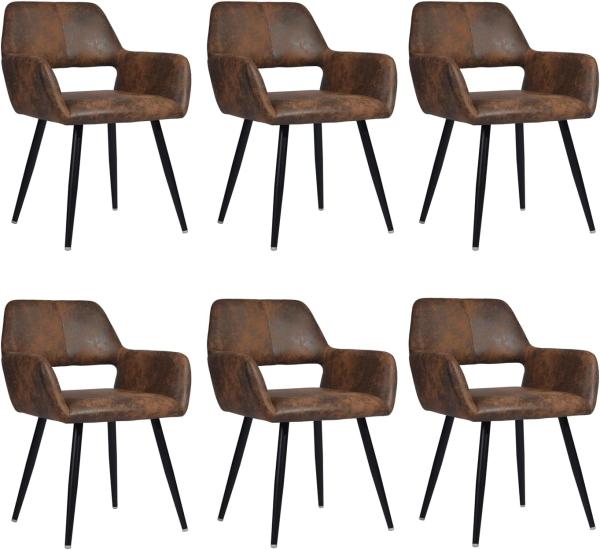 MEUBLE COSY Esszimmerstühle 6er Set Küchenstuhl Polsterstuhl mit Armlehne Sessel aus Vintage Künstlich Wildledersitz Wohnzimmerstuhl Metallbeine, Braun, 56 x 56 x 78 cm
