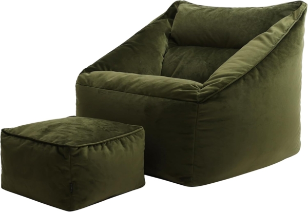 Icon Natalia Sitzsack Sessel mit Hocker für Erwachsene, Olivgrün, Flauschiger Samtstoff, Riesen Sitzsack Samt mit Füllung, Bean Bag Chair, Bequemer Sessel Wohnzimmer, Lounge, Schlafzimmer, Büro Bild 1