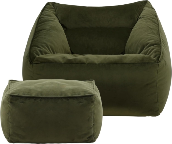 Icon Natalia Sitzsack Sessel mit Hocker für Erwachsene, Olivgrün, Flauschiger Samtstoff, Riesen Sitzsack Samt mit Füllung, Bean Bag Chair, Bequemer Sessel Wohnzimmer, Lounge, Schlafzimmer, Büro Bild 5