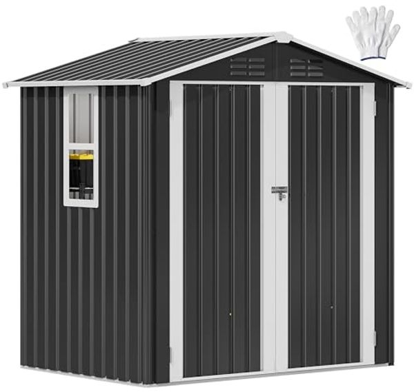 YITAHOME Großes Stahl Gartenhaus 6x4 Fuß mit Fenster, abschließbaren Türen & Schrägdach, Geräteschuppen für Terrasse und Garten, L171*W118*H185cm Grau-Weiß