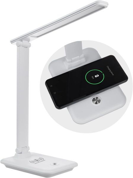 Maclean LED Schreibtischlampe MCE616, LED Schreibtischleuchte mit Induktion Qi-Ladegerät weiß/schwarz