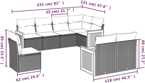 vidaXL 8-tlg. Garten-Sofagarnitur mit Kissen Schwarz Poly Rattan 3260243 Bild 3