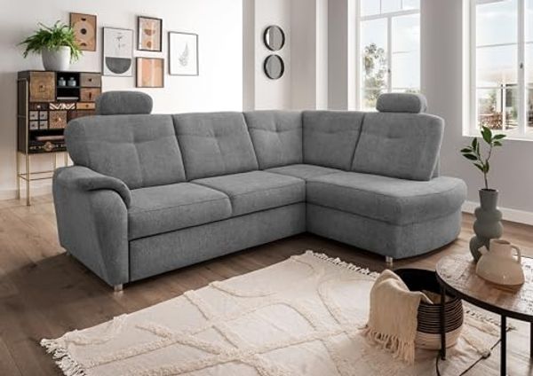 Ecksofa >Elli< Schlaffunktion, Stauraum, 2 Kopfstützen, grau - 264x92x180cm (BxHxT)