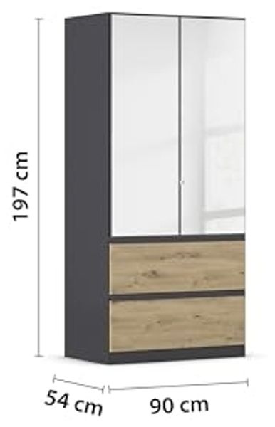 Rauch Möbel Costa, Kleiderschrank für Schlafzimmer, Kinderzimmer, Babyzimmer, Garderobe, 2-türig, Spiegel, 2 Schubladen, Push-to-Open, Zubehör Classic, Farbe Grau metallic, Schwarz, Breite 91 cm Bild 3