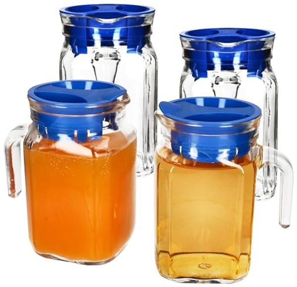 MamboCat Karaffe 4x KORA Kühlschrankkrug mit Deckel blau 0,5L Henkel Glas-Karaffe