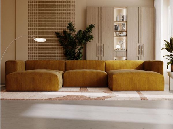 GrainGold Ecksofa U-Form LANDI - 340x180 cm, Honigfarben, Universal, Wellenfedern, T25-Schaum