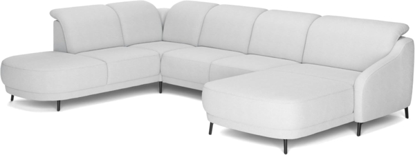 CAVADORE Wohnlandschaft Blue, Sofalandschaft mit Longchair im modernen Design, inkl. kopfteilverstellung, Vorziehsitz motorisch, Klapptisch, mattschwarzen Metallfüßen, Flachgewebe, Mittelgrau