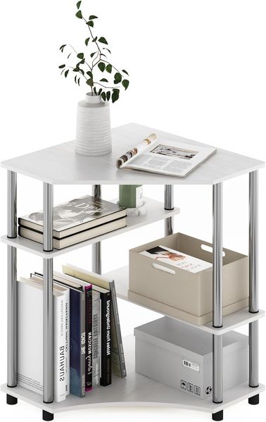 Furinno Turn-N-Tube Platzsparender Eckschreibtisch mit Regalen, Holzwerkstoff, Weiße Eiche/Edelstahl