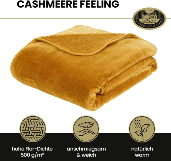 Gözze - Premium Cashmere-Feeling Wohn- und Kuscheldecke, 500 g/m², 220x240 cm - Senf Bild 2