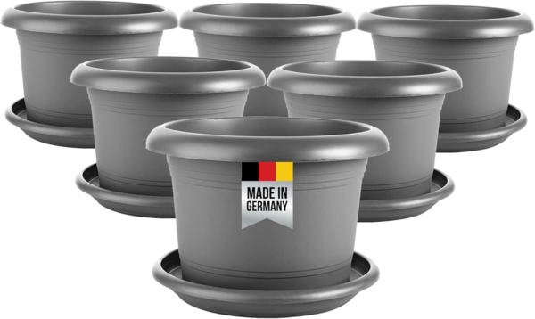 Centi Pflanzkübel Blumentöpfe groß außen, Blumentopf, Rundtopf (Spar Set, 6 St, 30 cm), mit Untersetzer, Blumenkübel Pflanzentopf, Anthrazit