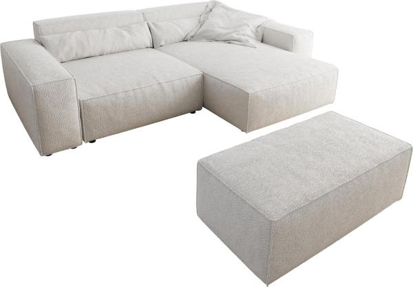 Ecksofa Sirpio XL 270x170 cm Bouclé Creme-Weiß Recamiere variabel mit Hocker