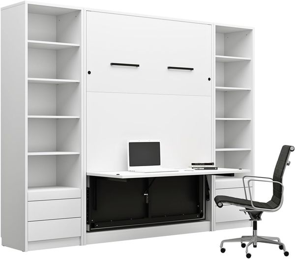 QMM TraumMöbel Schrankbett Wandbett GN 140x200 mit LED, Schreibtisch & 2 Regalen vertikal